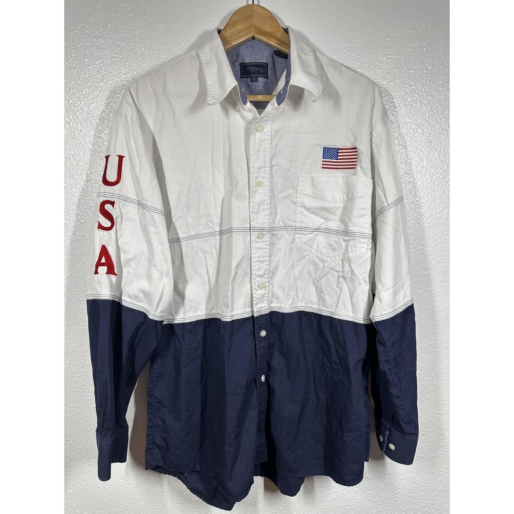 Roper‎ Shirt Mens Large White Navy American Flag USA Embroidered Button Down